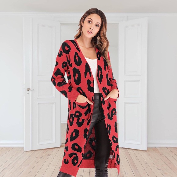 LONG SLEEVE RED LEOPARD PRINT KNIT CARDIGAN - Picture 3 of 4